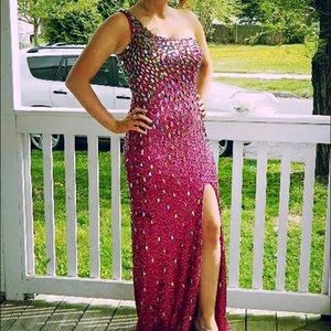 Pink all sequin one shoulder designer prom dress with slit. Size 6.